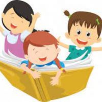 Niños felices volando en libro